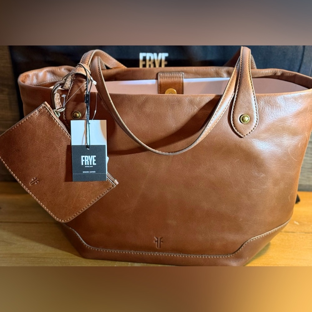 Frye Kenzie Unlined Leather Tote and matching zipper pouch in Cognac